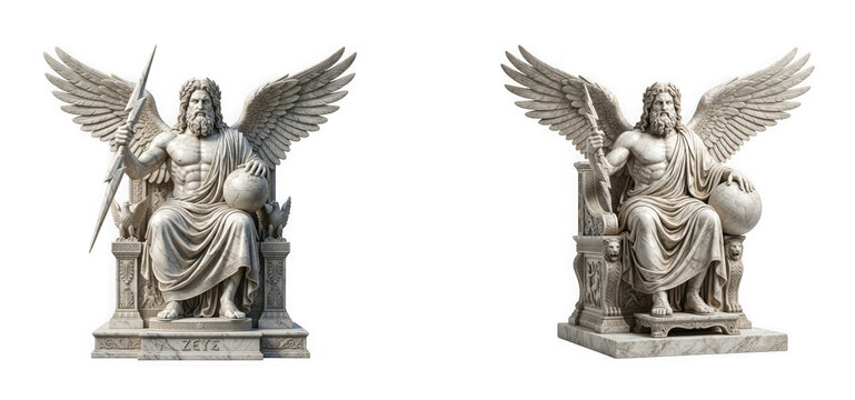 Detailed marble statues of ancient greek gods with wings isolated on transparent background