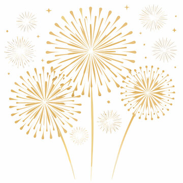 Golden fireworks vector illustration with radiating bursts and star shaped sparkles