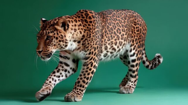 Jaguar walking in profile on green background