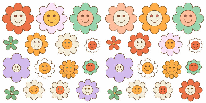 Smiley faced Flowers Colorful Vector Illustration Pattern On White Background