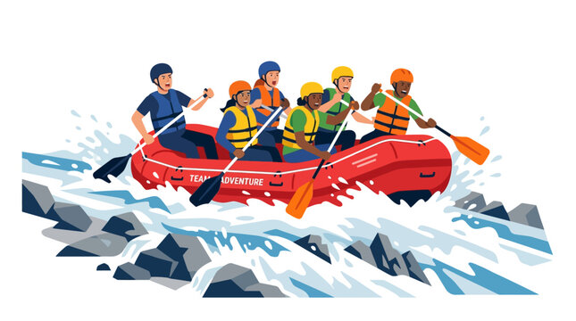 Diverse group white water rafting, adventure, teamwork, team building, summer fun