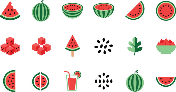 Fresh Watermelon Slices Cubes Juice and Seed Varieties Vector Icon Set for Summer Healthy Eating, Refreshing Drinks, and Tropical Fruit Food Designs