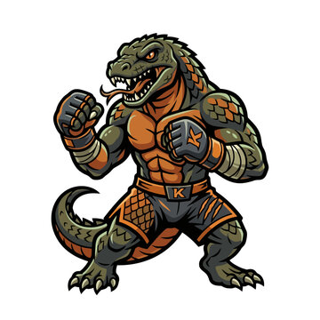Vector Icon Aggressive Lizard Fighter Mascot Character Wearing Boxing Gloves and Athletic Shorts. EPS Editable