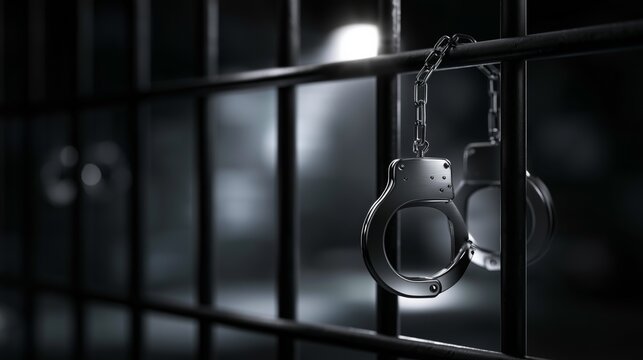 Criminal justice concept, a handcuffs attached to black prison bars, dark blurred detention background, investigative journalism theme,law enforcement and legal system concept, space for breaking news