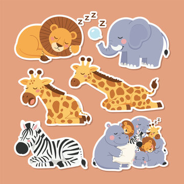 Cute sleepy safari animals sticker pack for children