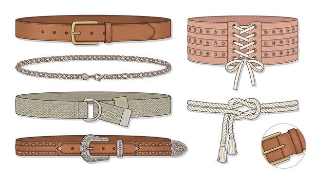  Clean Flatlay Illustration of Six Women&rsquo;s Belts Arranged on White Background with Soft Pastel Tones
