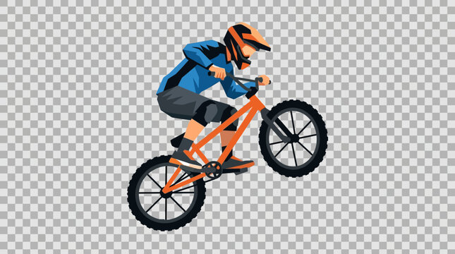 Mountain biker performing stunt on orange bicycle on transparent background