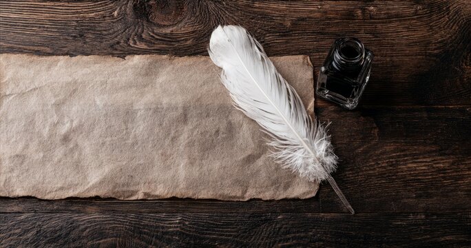 Vintage Quill Pen, Inkwell, and Parchment on Wood