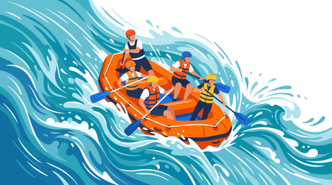 Rafting adventure on wild river with people paddling boat