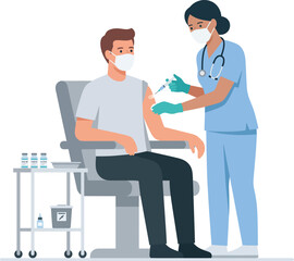 Fototapeta premium Doctor vaccinating a man in the arm with a syringe to prevent illness, medical concept illustration