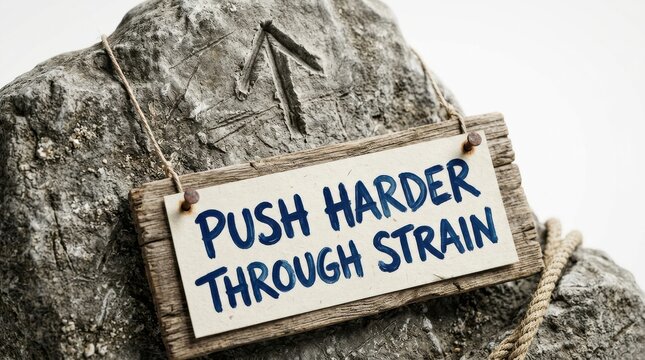 Motivational sign reads push harder through strain hanging on rock