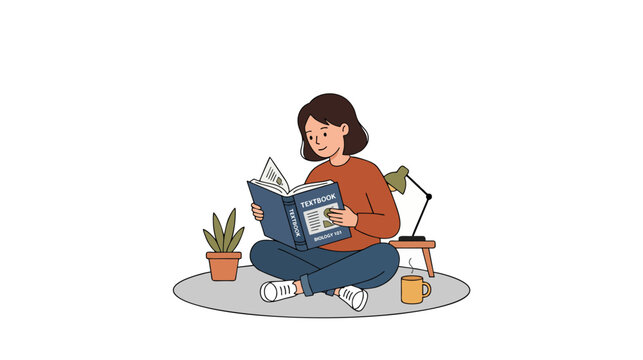 Student reading textbook before bacl to school, minimalist 2d flat illustration styl