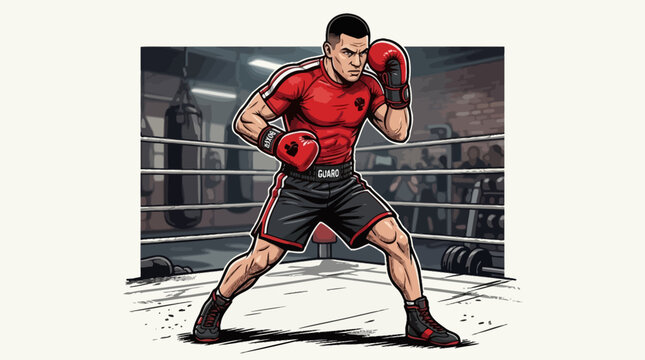 Boxer in stance in a boxing ring, ready to fight, dynamic action