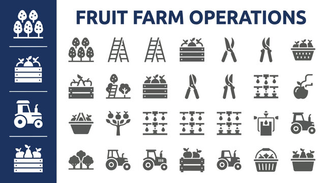 Icons representing fruit farm operations, including tractors, ladders, harvesting baskets, fruit trees, and pruning shears, for agricultural and farming themes