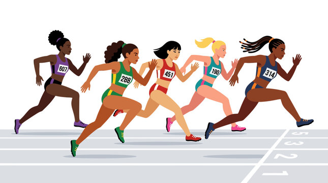 Diverse female athletes competing in a track race, sprinting towards the finish line.