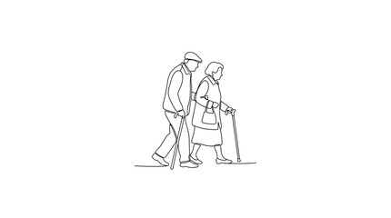 Obraz premium Elderly couple walking with canes line art illustration
