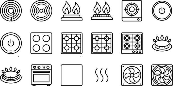 Stove and burner hardware icon collection showing gas flames induction circles ovens power and cooling fans set.