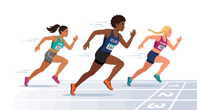 Diverse female runners compete on track, striving for finish line victory