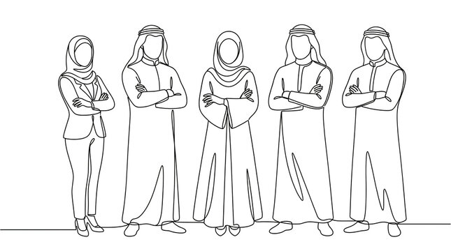 Line art of diverse Arab professional group in traditional clothing