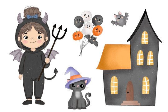 Cute Halloween character collection, little devil girl, black cat, haunted house and balloons.