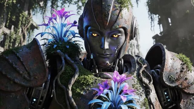 Moss-covered robot with glowing flowers in overgrown ruined city
