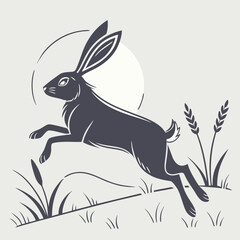 Dark Grey Rabbit Silhouette Jumping Over Grass with White Sun and Wheat on Light Background © felesa11