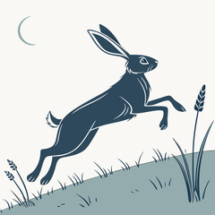 Navy Blue Rabbit Leaping Over a Sloped Grassy Field with Crescent Moon in Sky © felesa11