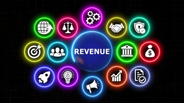 Revenue growth motion with spinning earth and neon business icon set.