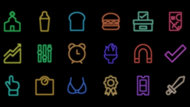 Glow outline icons of food business and social symbols collection on black background flat neon sign.