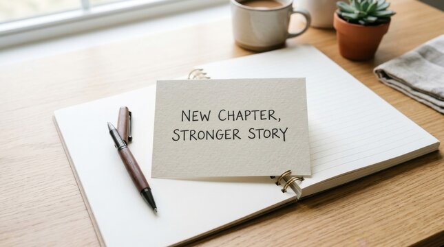 Notebook with inspirational message and coffee on desk