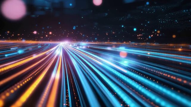 Digital Highway at Night: Streaks of blue and orange light blur into a mesmerizing, fast-moving digital highway, representing data transfer, speed, and technological advancement in the modern world.