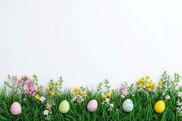 Fototapeta premium Easter eggs on green grass border colorful flowers easter.