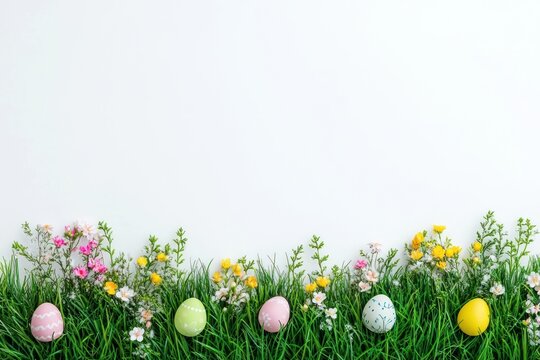 Easter eggs on green grass border colorful flowers easter.
