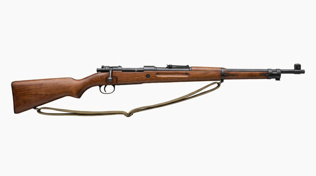 Plain wooden stock bolt action rifle with scope mount and strap on white background