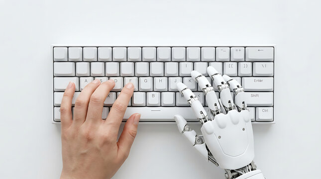 Human hand and robotic hand typing together on a white computer keyboard.