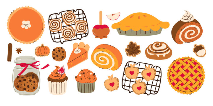 Hand drawn fall bakery set with colorful sweet pies, cinnamon buns, glass cookie jar and cupcakes. Whimsical Thanksgiving dessert doodle elements. Vector illustration