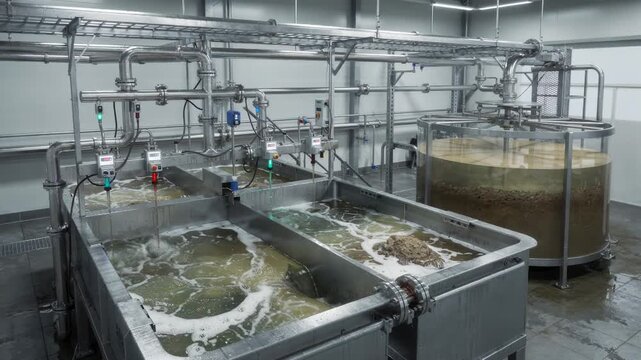 Medium shot focusing on controlled effluent neutralization with chemical dosing before sludge thickening in a pigment manufacturing wastewater treatment setup.