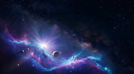 Vibrant Nebula and Planets in Deep Space - Cosmic Galaxy Background © expodanbazar