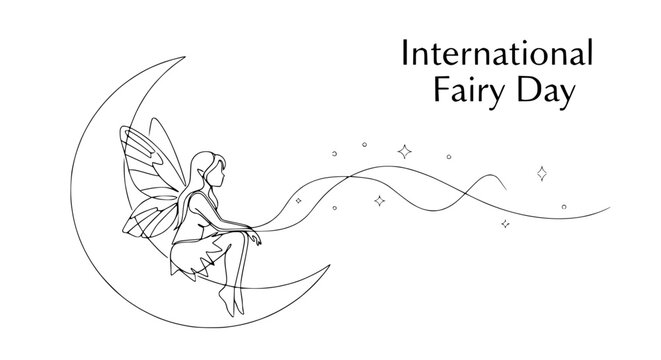 International Fairy Day: Delicate line art of a fairy sitting on a crescent moon with stars and flowing ribbons.