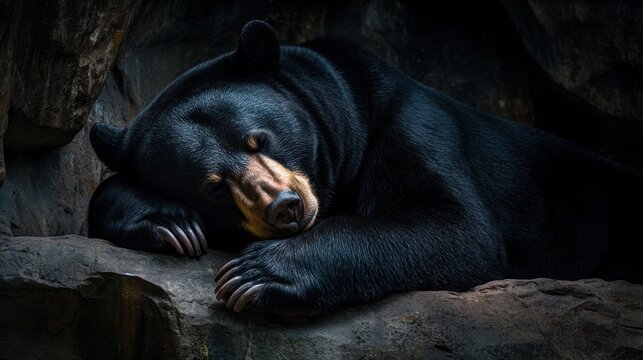 Black bear peacefully sleeping with nose tucked in