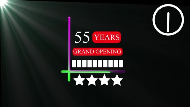 55 Years Grand Opening Business Anniversary Animation, Glowing Chart and 4 Star Rating Graphic, Rotating Clock Time Element with Lens Flare Light Effect on Dark Background, 4k Video.