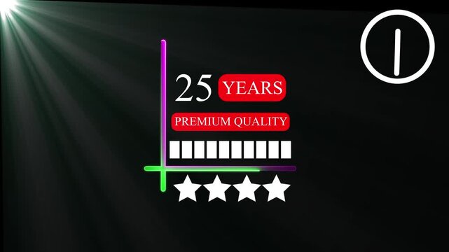 25 Years Premium Quality Business Anniversary Animation, Glowing Chart and 4 Star Rating Graphic, Rotating Clock Time Element with Lens Flare Light Effect on Dark Background, 4k Video.