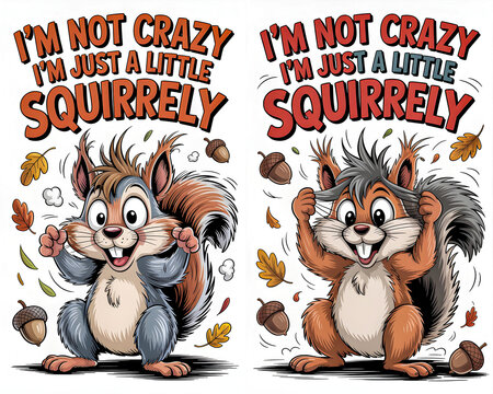 Funny Cartoon Squirrel Illustration with Autumn Leaves, Acorns, and I'm Not Crazy Quote
