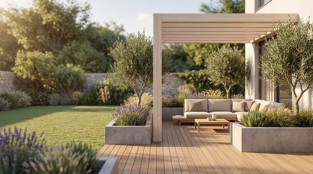 Luxurious Outdoor Patio Retreat Featuring a Modern Wooden Pergola and Serene Garden Landscape for Summer Living