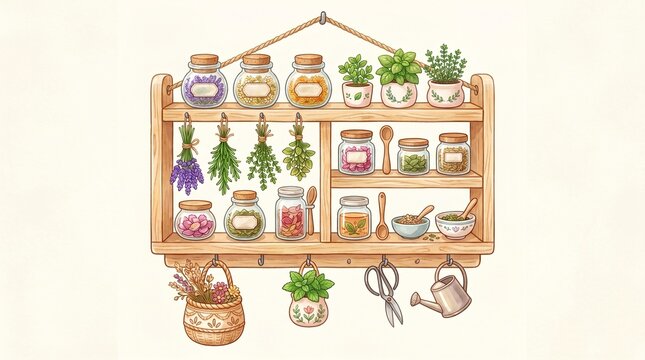 Watercolor illustration of a wooden witchy apothecary shelf with herbal jars and hanging dried plants
