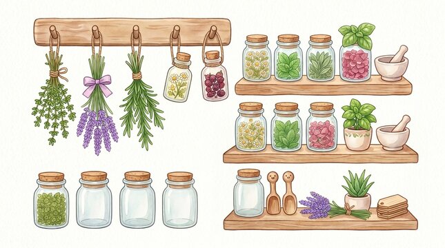 Hand Drawn Kitchen Herbs and Spices Storage Jars Set with Dried Botanical Hanging Bunches and Wooden Shelves Illustration