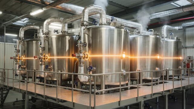 Medium shot featuring steamheated tanks in latex coagulation emphasizing thermal control during crumb rubber production in a sophisticated industrial environment.