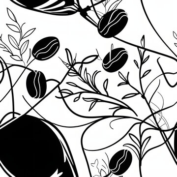 Seamless monochrome line art pattern with abstract coffee beans and elegant botanical branches on white background