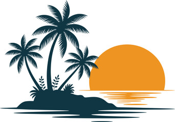 Obraz premium Tropical island silhouette with palm trees at sunset tropical silhouette vacation paradise landscape reflection serenity relaxing illustration minimalist