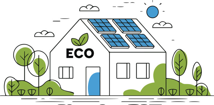 eco friendly house with solar panels on roof and green trees around it